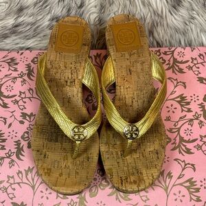 Tory Burch Metallic Gold Cork Wedge Thong Sandals with Logo Medallion Size 8